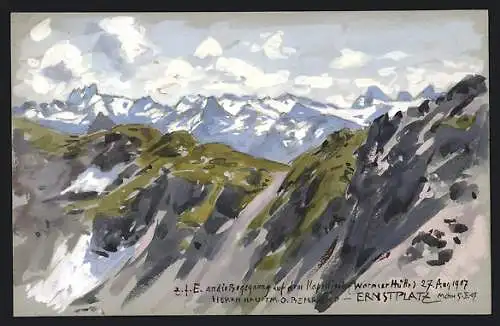 Künstler-AK Handgemalt sign. Ernst Platz: Blick über das Kapelljoch im Sommer, gewidmet O. Behrend, Tintenautograph