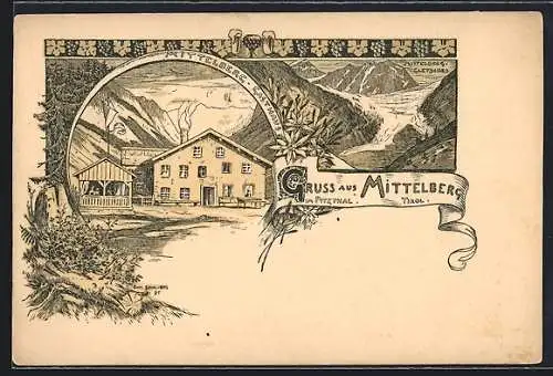 Lithographie Mittelberg im Pitzthal, Das Gasthaus, der Mittelberg-Gletscher