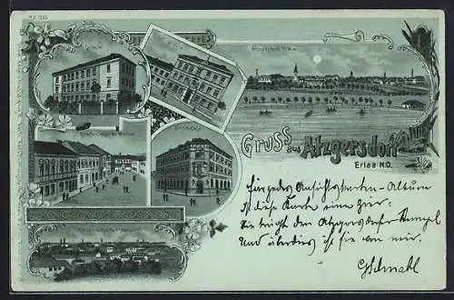 Mondschein-Lithographie Wien, Atzgersdorf, Schule, Grand Café, Breitenfurter Strasse, Ortsansicht