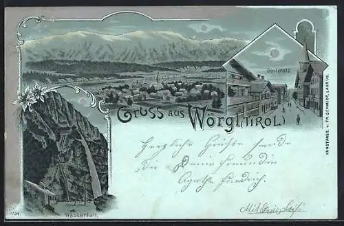 Mondschein-Lithographie Wörgl /Tirol, Dorfplatz, Wasserfall, Gesamtansicht