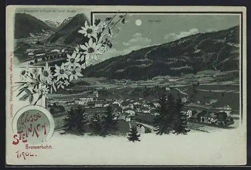 Mondschein-Lithographie Steinach /Tirol, Brennerbahn bei Stafflach mit Tuxer Gruppe, Gesamtansicht