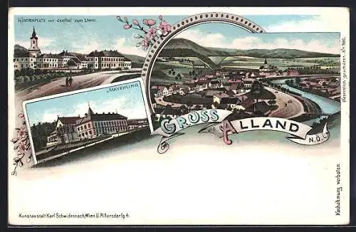 Lithographie Alland /N.Ö., Kirchenplatz mit Gasthof zum Löwen, Mayerling, Gesamtansicht