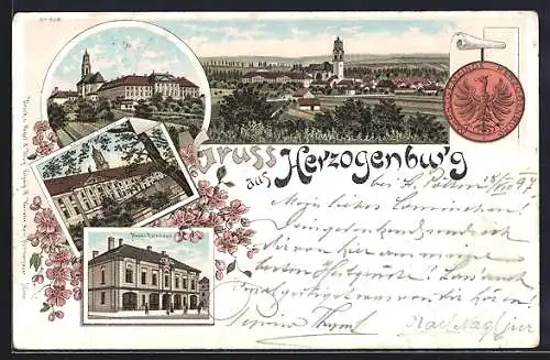 Lithographie Herzogenburg, Neues Rathaus, Gasthaus Kellerstübel, Ortsansicht