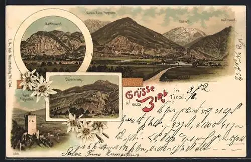 Lithographie Zirl in Tirol, Martinswand, Calvarienberg, Ruine Fragenstein, Gesamtansicht mit Soalstein und Martinswand