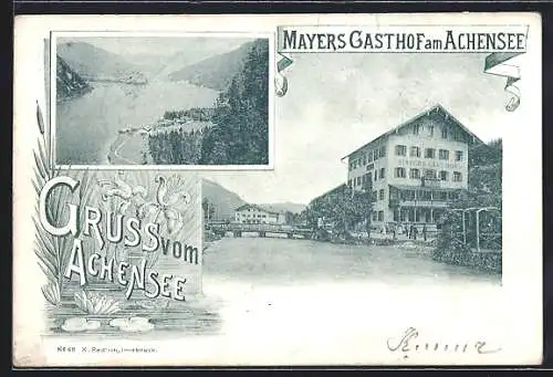 AK Achensee, Blick auf Mayer`s Gasthof, Seepanorama