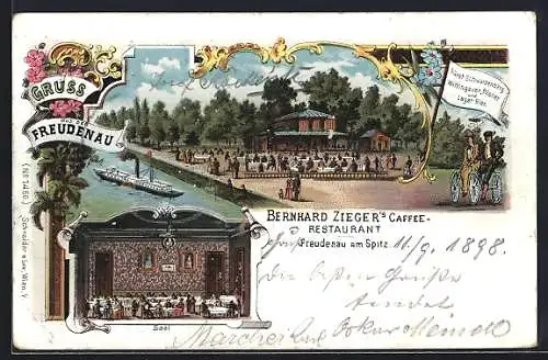 Lithographie Wien II, Gerhard Ziegler's Café-Restaurant Freudenau am Spitz, Dampfer, Saal