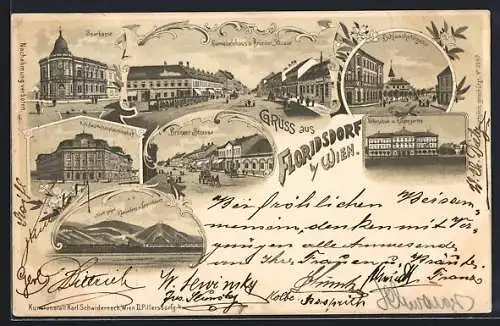 Lithographie Wien, Floridsdorf, Gemeindehaus Brünner Strasse, Sparkase, K. k. Bezirkshauptmannschaft, Schlosshofergasse