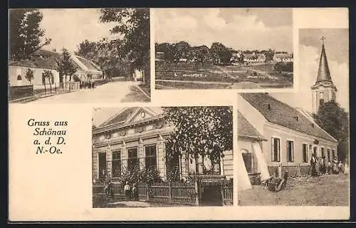 AK Schönau a. d. Donau, Die Kirche, herrschaftliches Haus, Ortspartie