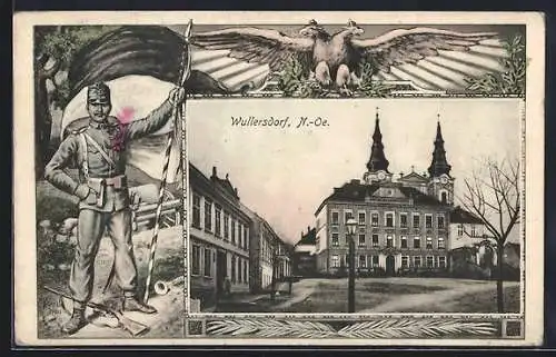 AK Wullersdorf /N.-Oe., Rathaus und Kirche, Passepartout mit Soldat in Uniform und zweiköpfigem Adler