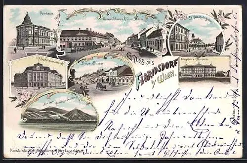 Lithographie Floridsdorf b. Wien, Sparkasse, Gemeindehaus, Brünner Strasse