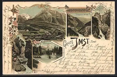 Lithographie Imst i. Tirol, Rosengartl Schlucht, Starkenberger See, Triesanna-Brücke, Starkenberger Schlucht