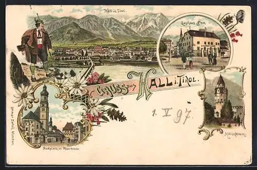 Lithographie Hall in Tirol, Strassenpartie am Gasthaus zum Bären, Stadtplatz mit Pfarrkirche