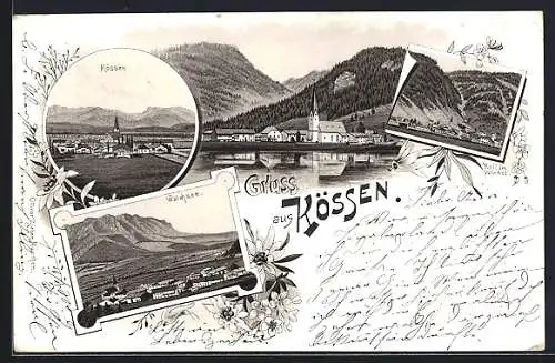 Lithographie Kössen, Reit im Winkel, Walchsee, Ortsansicht