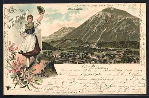 Lithographie Jenbach, Panorama mit Bergmassiv