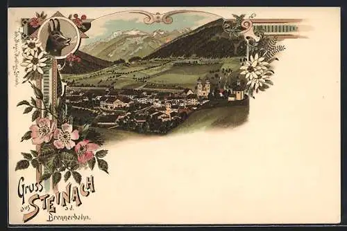 Lithographie Steinach, Blick über den Ort, Gems und Blumenverzierung