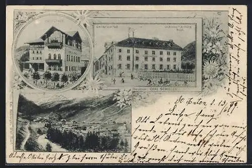 Lithographie St. Anton a. Arlberg, Gasthof zur Post v. Carl Schuler, Hotel Post, Gesamtansicht