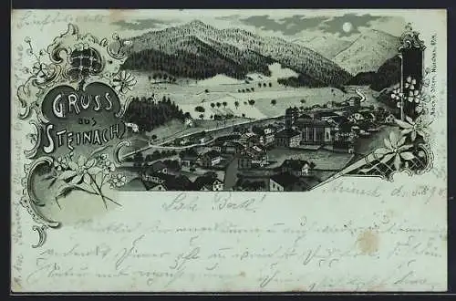 Mondschein-Lithographie Steinach, Gesamtansicht gegen die Berge