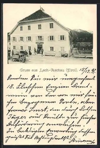 AK Lech-Aschau /Tirol, Gasthaus mit Angestellten und Karren