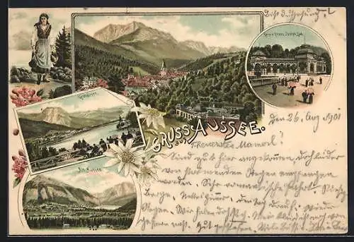 Lithographie Aussee, Kaiser Franz Joseph Bad, Grundlsee, Panorama