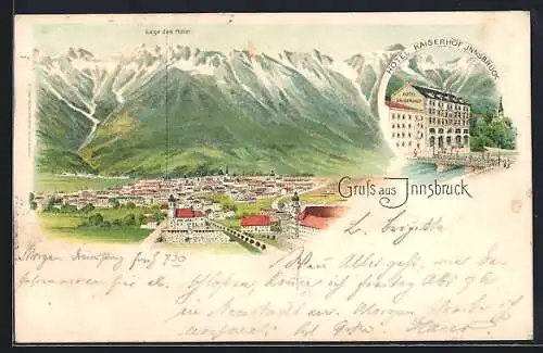 Lithographie Innsbruck, Hotel Kaiserhof, Ortsansicht gegen die Berge