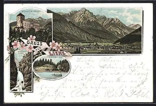 Lithographie Lienz, Gesamtansicht, Tristacher See, Galitzenklamm, Schloss Bruck