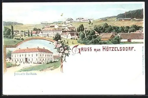 Lithographie Geras /N.-Oe., Hötzelsdorf, Brunner`s Gasthaus mit Totalansicht