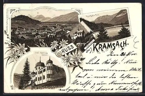 Lithographie Kramsach, Gräfl. Taxis'schkes Schloss, Rainthaler See, Hilari-Kapelle