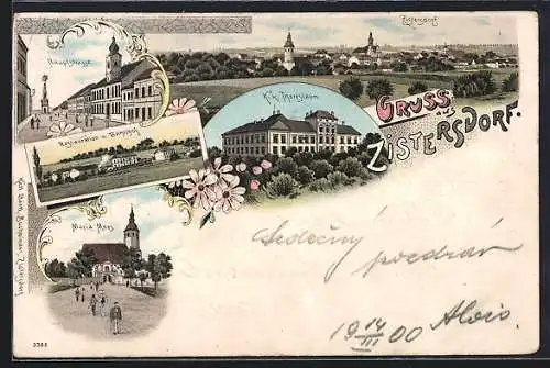 Lithographie Zistersdorf, Restaurant und Bahnhof, Hauptstrasse, K. k. Theresiaum, Maria Moos und Totalansicht