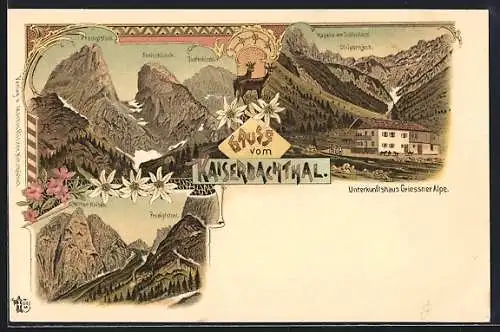 Lithographie Kirchdorf in Tirol, Unterkunftshaus Griessner Alpe im Kaiserbachthal