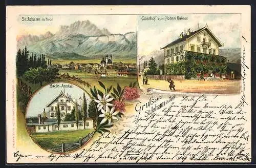 Lithographie St. Johann in Tirol, Gasthof zum Hohen Kaiser, Bade-Anstalt