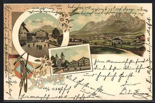 Lithographie St. Johann /Tirol, Hauptplatz, Kirche und Totalansicht, Wanderausrüstung und Edelweiss