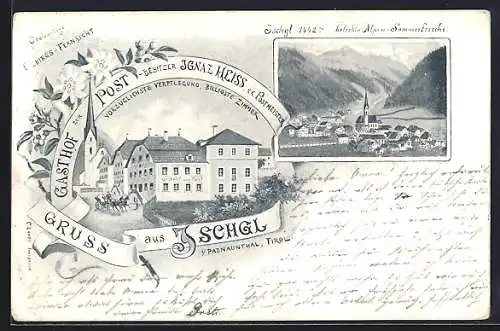 Lithographie Ischgl i. Paznaunthal, Gasthof zur Post, Bes. Ignaz Heiss, Ortsansicht aus der Vogelschau