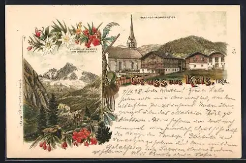 Lithographie Kals /Tirol, Gasthof Bergerweiss, Gross-Glockner vom Ködnitzthal, Blumen und Wanderausrüstung