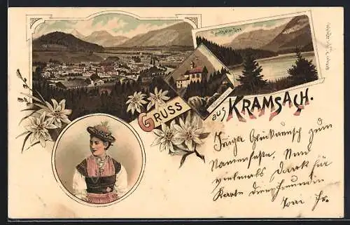 Lithographie Kramsach, Hilari-Kapelle, Rainthaler See, Totalansicht und Dame in Tracht