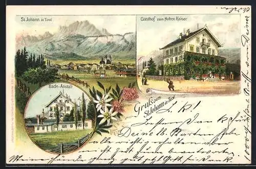 Lithographie St. Johann in Tirol, Gasthof zum Hohen Kaiser, Bade-Anstalt