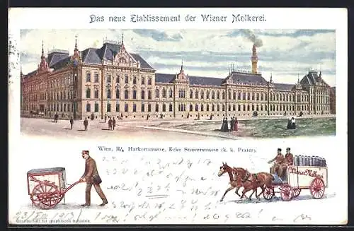 Lithographie Wien, Neues Etablissement der Wiener Molkerei Harkortstrasse, Milch-Fuhrwerk