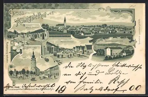 Lithographie Königstetten, Wiener Strasse, Rekonvaleszentenheim, Kirchenplatz