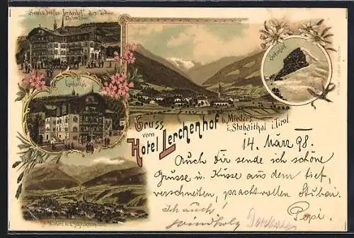 Lithographie Mieders i. Stubaithal, Hotel und Pension Lerchenhof, Bes. J. Peer, Luckerhütl und Bergpanorama