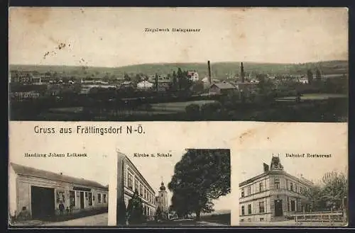 AK Mistelbach /N.-Ö., Frättingsdorf mit Bahnhof-Restaurant, Ziegelwerk Steingassner, Handlung Johann Loikasek, Schule