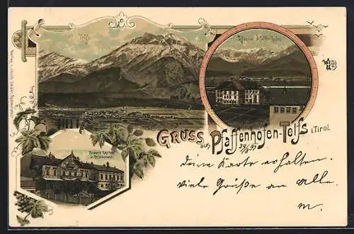 Lithographie Telfs /Tirol, Seiser`s Gasthof und Restaurant, Kloster Pfaffenhofen und Totalansicht