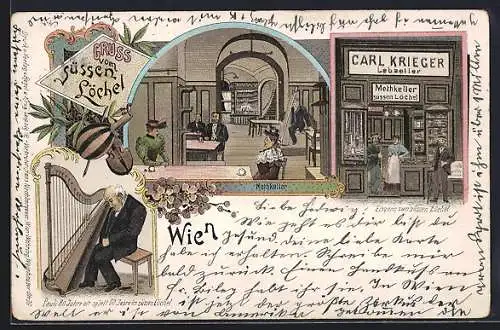 Lithographie Wien, Restaurant Methkeller Zum süssen Löchel Carl Krieger Rotenturmstrasse 13, Harfenspieler