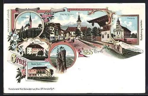 Lithographie Ebbs, Bauern-Theater, Schloss Wagrain, Pfarrkirche