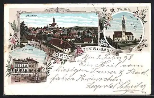 Lithographie Mistelbach /N.-Ö., Marktplatz, Pfarrkirche und Ortsansicht aus der Vogelschau