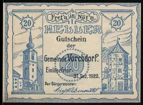 Notgeld Vorchdorf 1920, 20 Heller, Kirche, Turm und Burg mit Berglandschaft von 1600