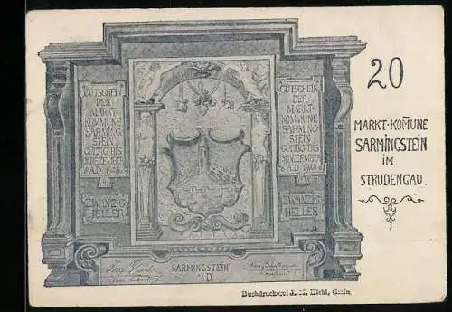 Notgeld Sarmingstein 1920, 20 Heller, Wappen und dekoratives Reliefdesign