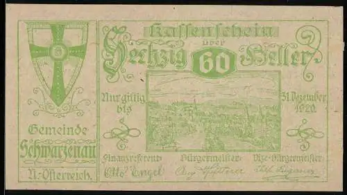 Notgeld Schwarzenau 1920, 60 Heller, Stadtansicht und Wappen, gültig bis 31. Dezember 1920