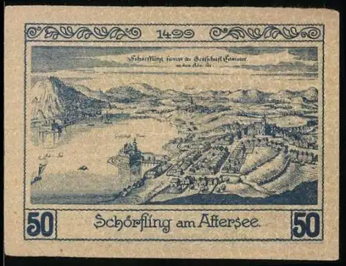 Notgeld Schörfling am Attersee 1920, 50 Heller, Stadtansicht und Burgtor-Motiv