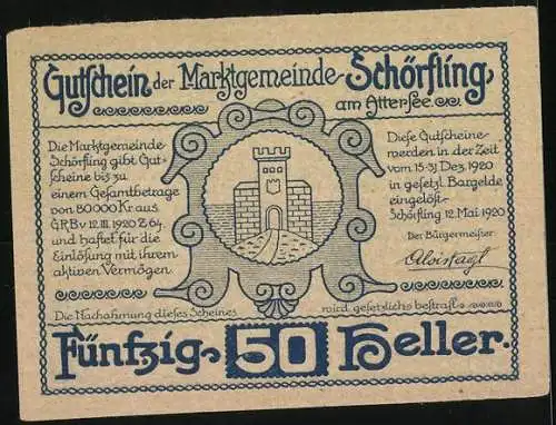 Notgeld Schörfling am Attersee 1920, 50 Heller, Stadtansicht und Burgtor-Motiv