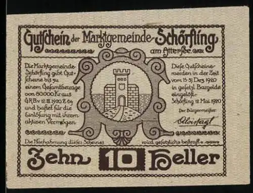 Notgeld Schörfling 1920, 10 Heller, Burgmotiv und Pfahlbaudorf am Attersee