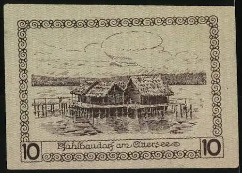 Notgeld Schörfling 1920, 10 Heller, Burgmotiv und Pfahlbaudorf am Attersee